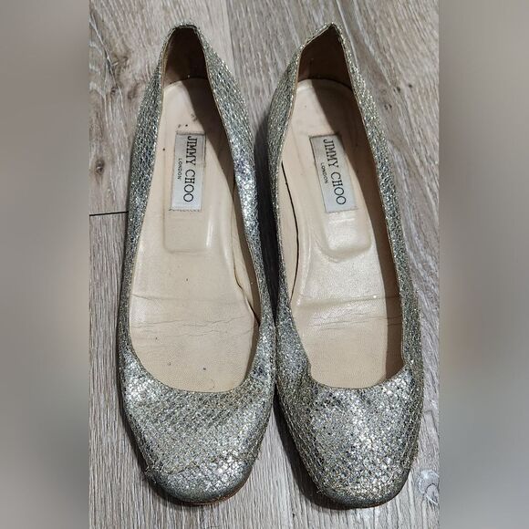 Jimmy Choo Lame Finlay Silver Champagne Glitter Mesh Ballet Flats Sz 39.5 - Picture 1 of 9